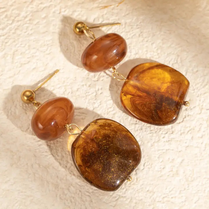 boucles oreilles résine ambre brillante pendantes hypoallergéniques femme