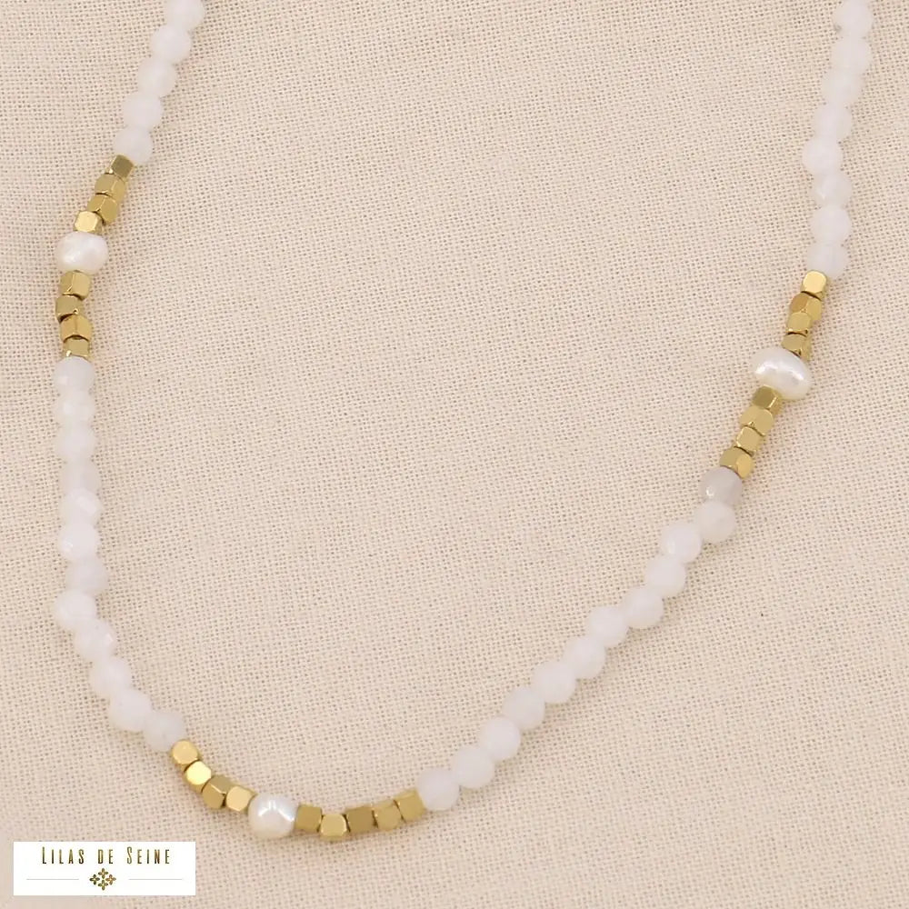 collier femme pierres naturelles perles eau douce acier inox élégant