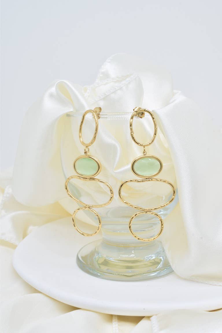 boucles oreilles longues anneaux dorés cabochon vert acier inox femme