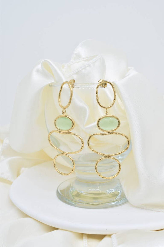 boucles oreilles longues anneaux dorés cabochon vert acier inox femme