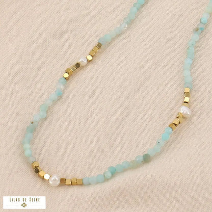 collier femme pierres naturelles perles eau douce acier inox élégant