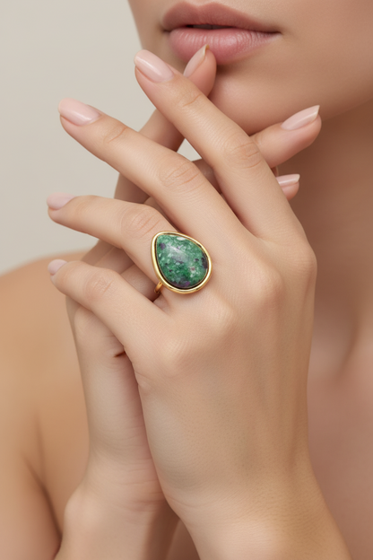 Bague pierre naturelle verte dorée ajustable — Acier inoxydable