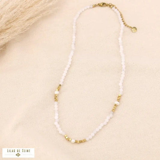 collier femme pierres naturelles perles eau douce acier inox élégant
