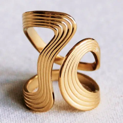 bague XL rétro rayée dorée statement ring acier inox femme soirée
