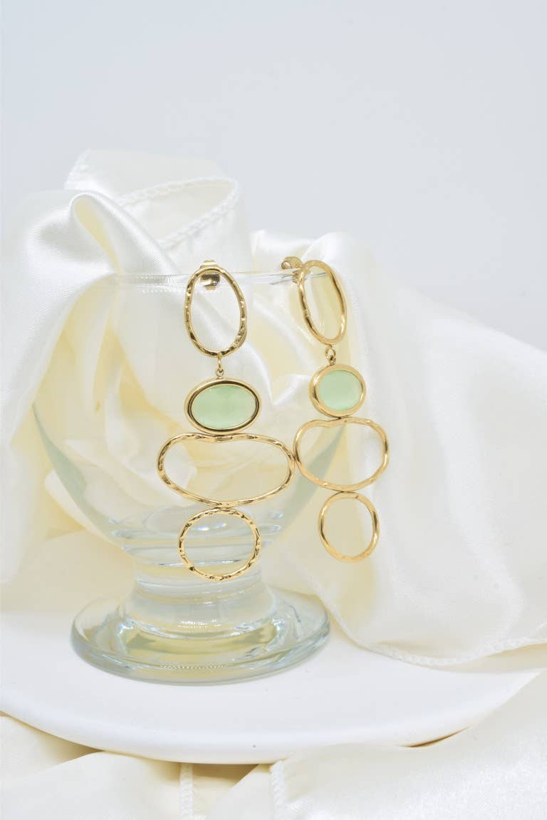 boucles oreilles longues anneaux dorés cabochon vert acier inox femme