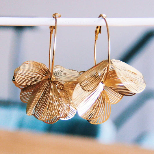 boucles oreilles créoles fleur dorée 7cm acier inoxydable femme