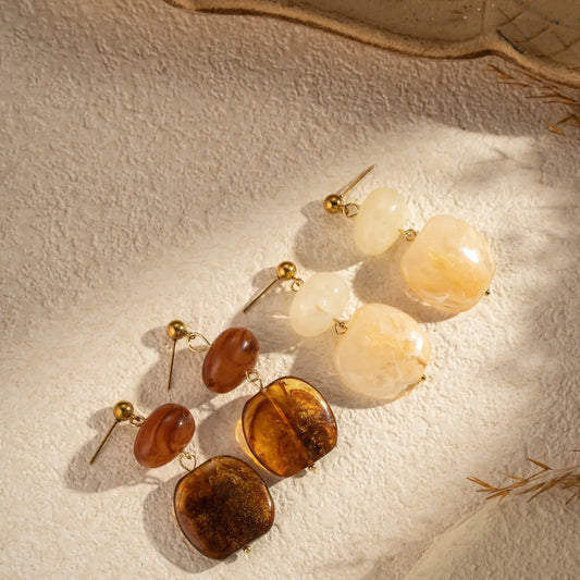boucles oreilles résine ambre brillante pendantes hypoallergéniques femme