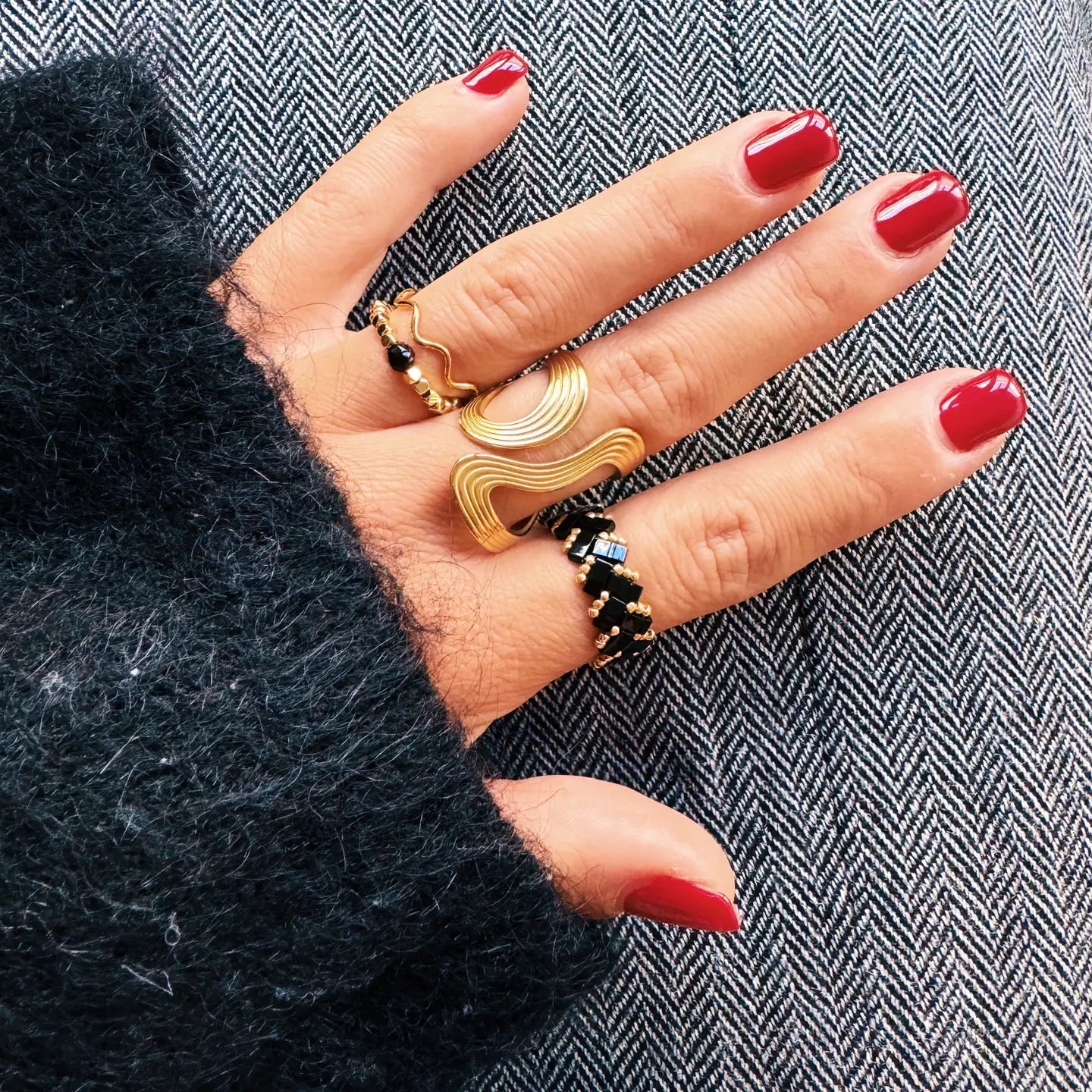 bague XL rétro rayée dorée statement ring acier inox femme soirée