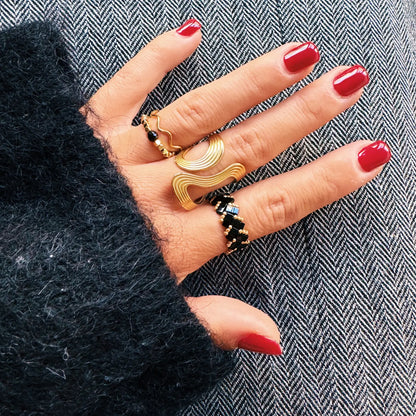 bague XL rétro rayée dorée statement ring acier inox femme soirée