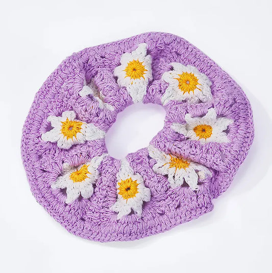 chouchou crochet fleurs lilas 12cm coton fait main femme cheveux