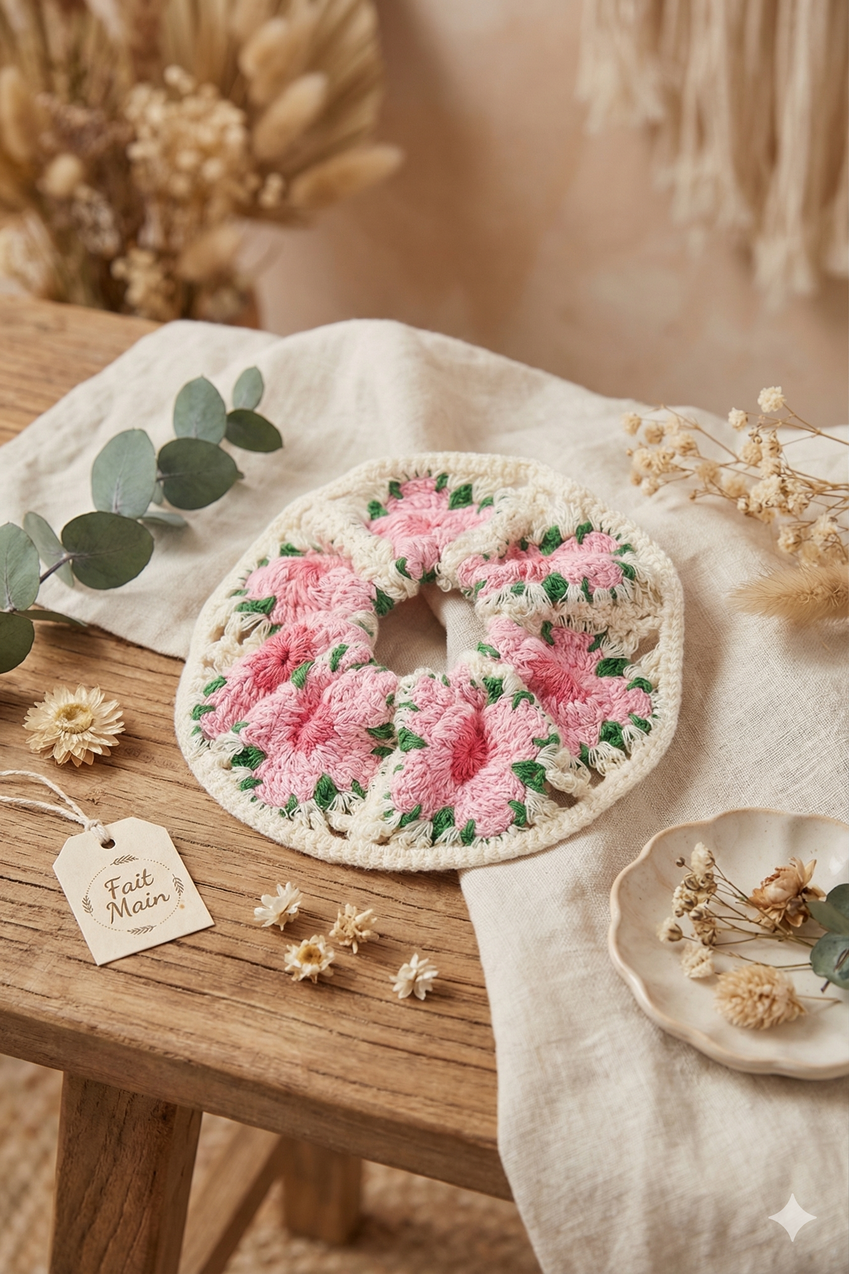 chouchou élastique crochet fleurs fait main femme cheveux