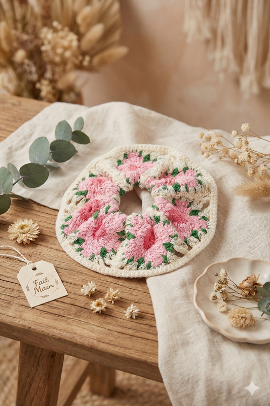 chouchou élastique crochet fleurs fait main femme cheveux